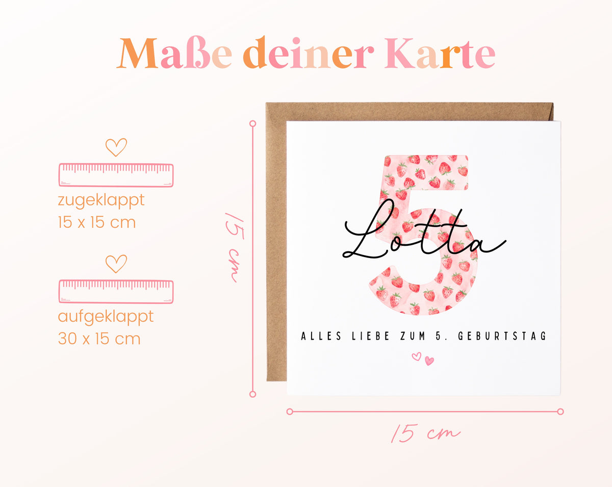 Personalisierte Geburtstagskarte zum 5. Geburtstag mit Erdbeere – Maße der Karte