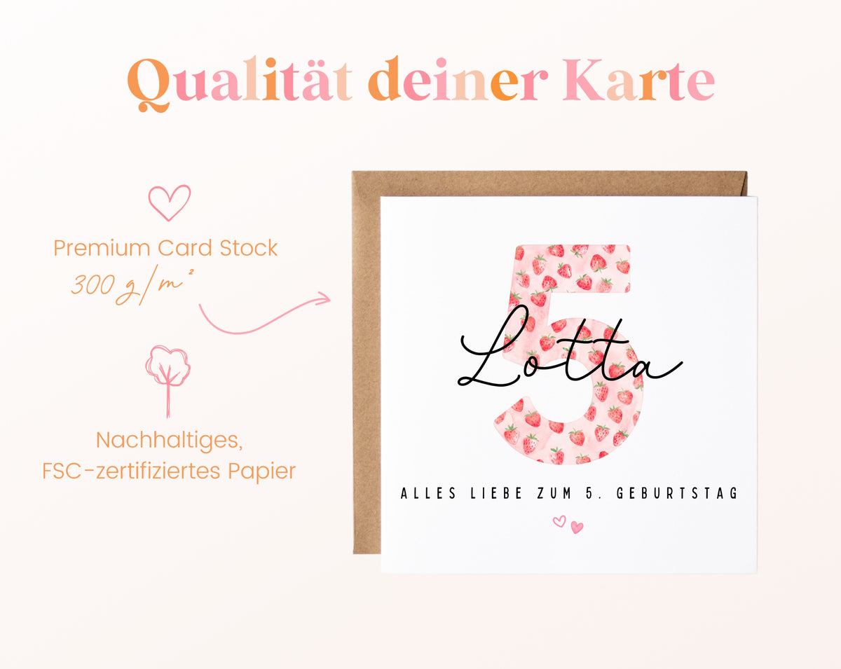 Personalisierte Geburtstagskarte zum 5. Geburtstag mit Erdbeere – Papierqualität