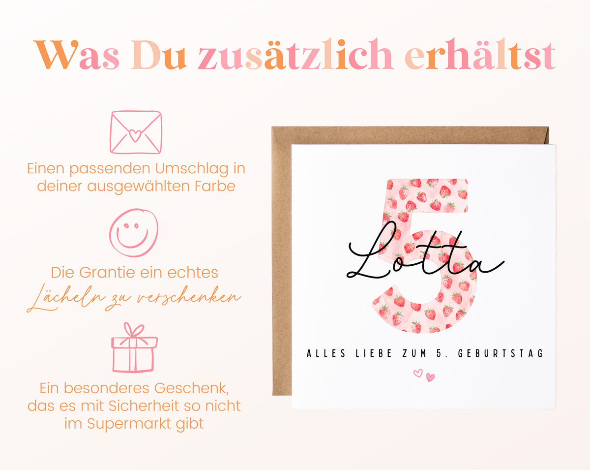 Personalisierte Geburtstagskarte zum 5. Geburtstag mit Erdbeere – Karte und Umschlag