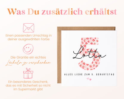 Personalisierte Geburtstagskarte zum 5. Geburtstag mit Erdbeere – Karte und Umschlag