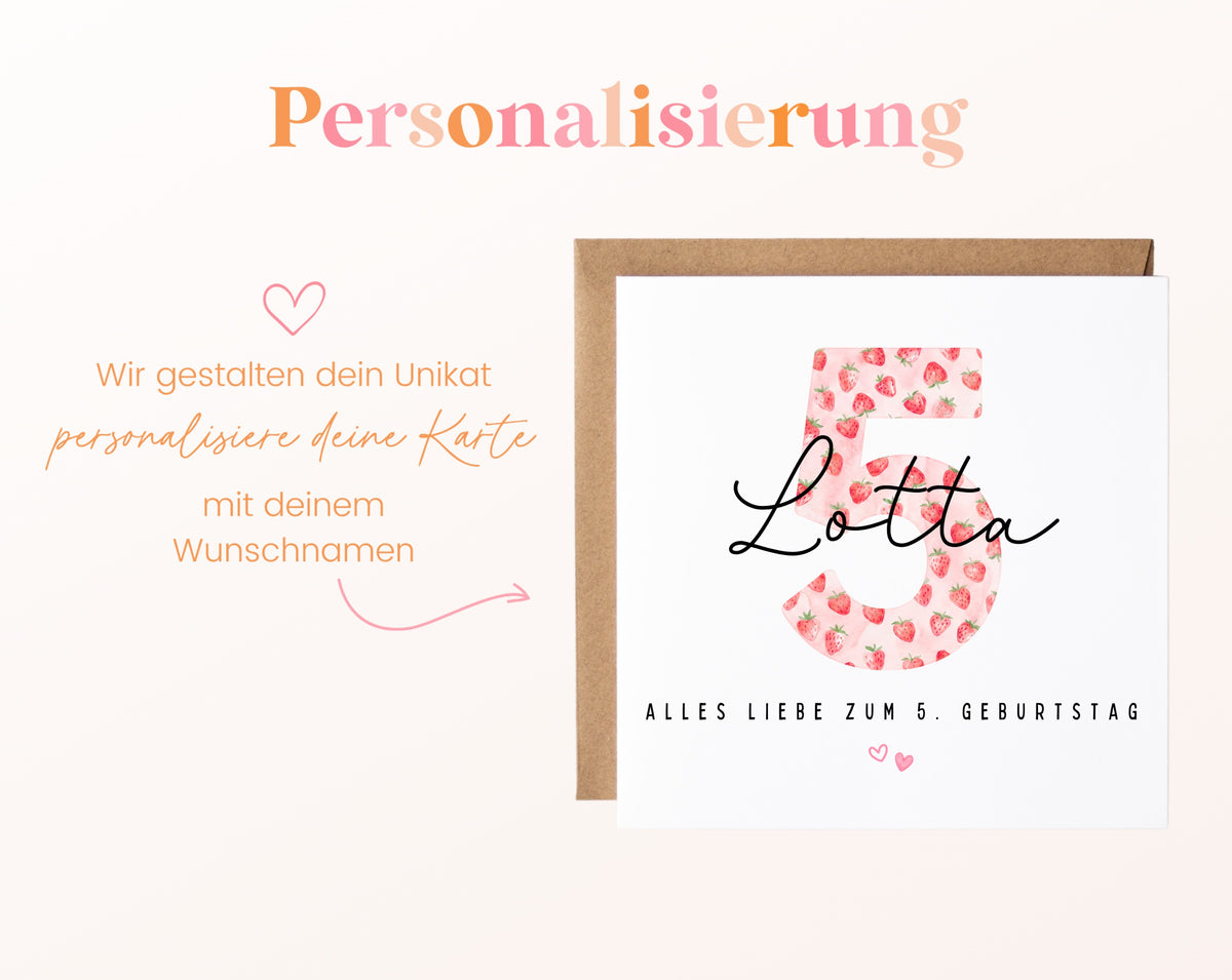 Personalisierte Geburtstagskarte zum 5. Geburtstag mit Erdbeere – Karte mit Wunschname