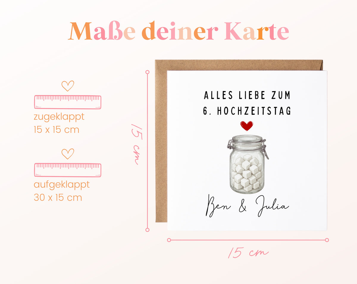 Zuckerglas weiß-Karte zum 6. Hochzeitstag – Maße