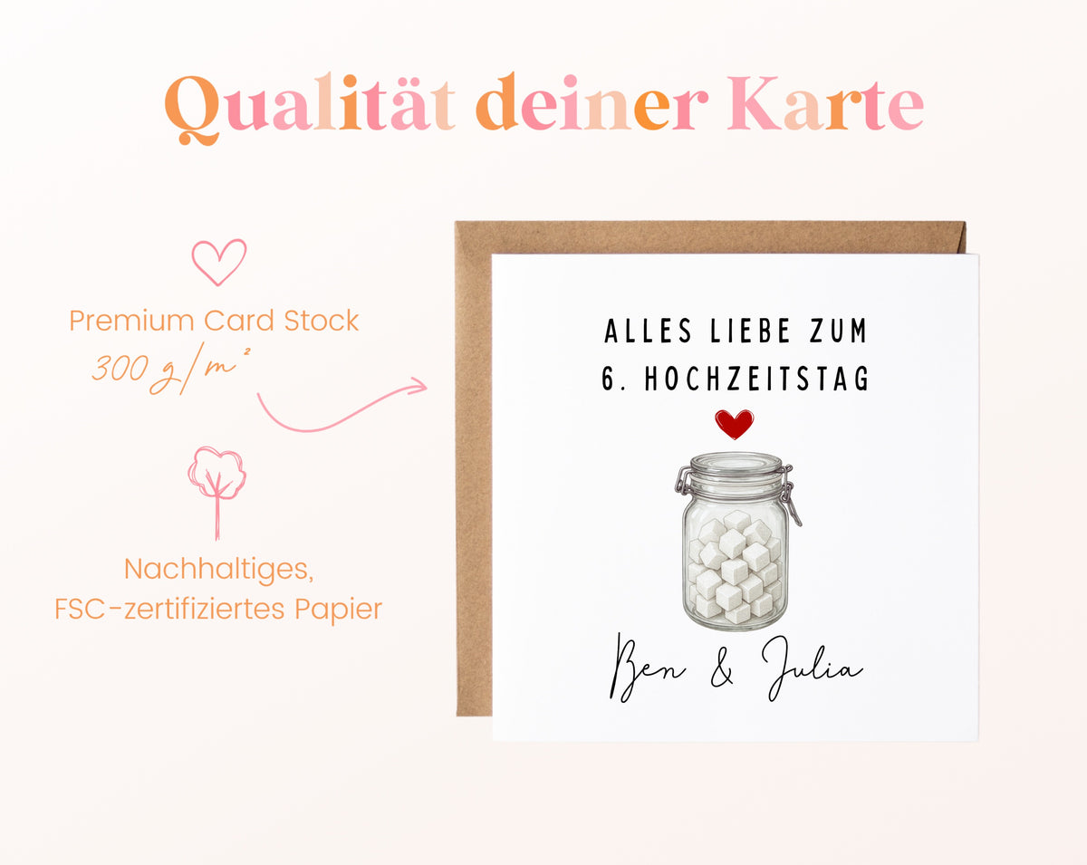 Zuckerglas weiß-Karte zum 6. Hochzeitstag – Qualitätsangaben